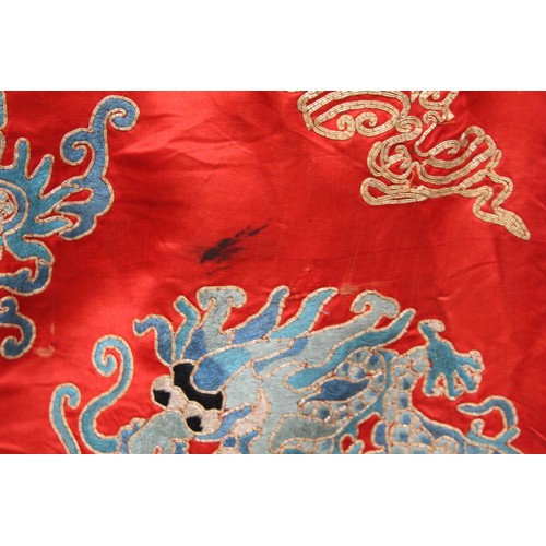 460 - 19th century Chinese embroidered red silk court dragon robe with mandarin collar and three knot fast... 