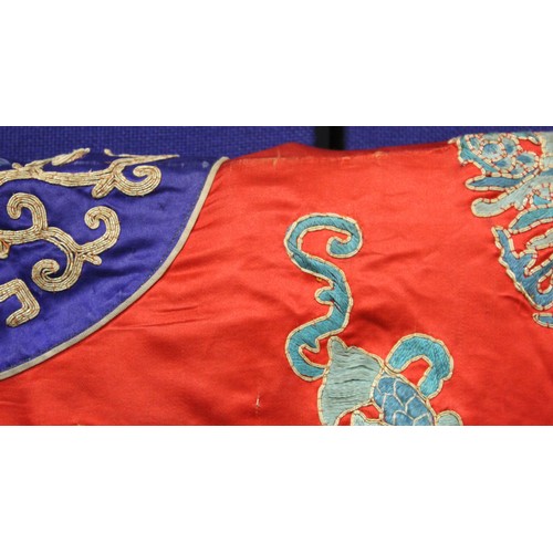 460 - 19th century Chinese embroidered red silk court dragon robe with mandarin collar and three knot fast... 