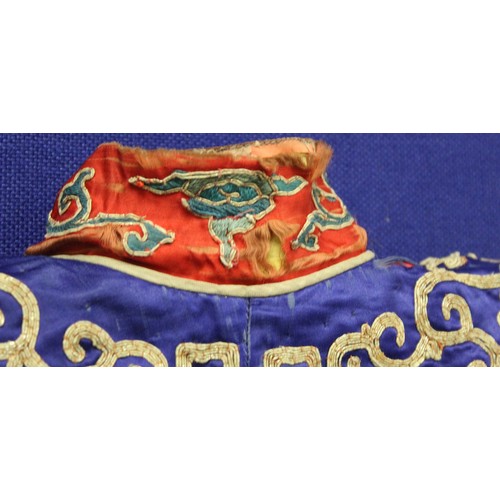 460 - 19th century Chinese embroidered red silk court dragon robe with mandarin collar and three knot fast... 