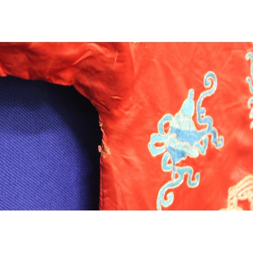 460 - 19th century Chinese embroidered red silk court dragon robe with mandarin collar and three knot fast... 