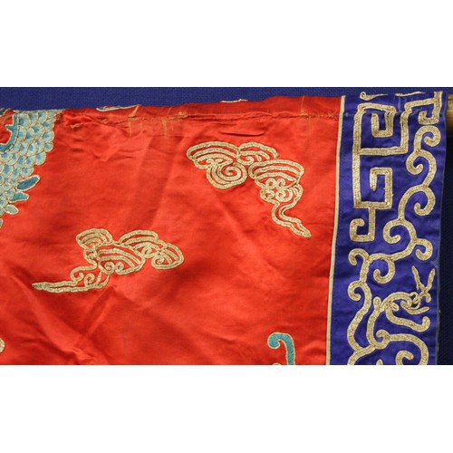 460 - 19th century Chinese embroidered red silk court dragon robe with mandarin collar and three knot fast... 