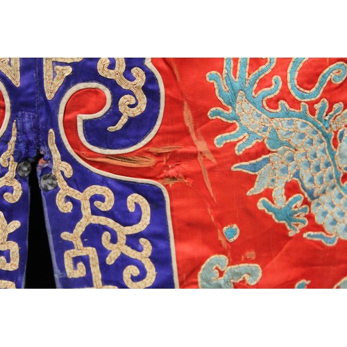 460 - 19th century Chinese embroidered red silk court dragon robe with mandarin collar and three knot fast... 