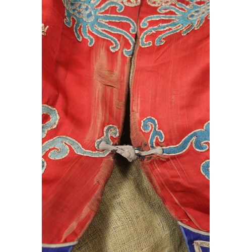 460 - 19th century Chinese embroidered red silk court dragon robe with mandarin collar and three knot fast... 