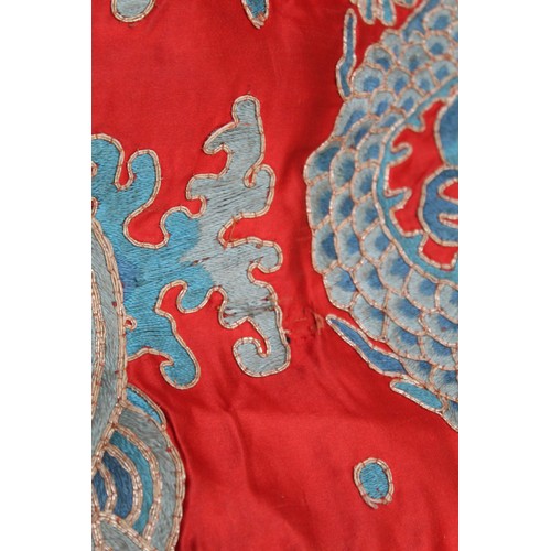 460 - 19th century Chinese embroidered red silk court dragon robe with mandarin collar and three knot fast... 