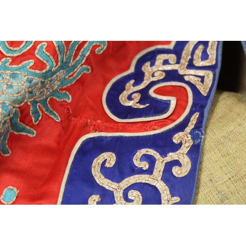 460 - 19th century Chinese embroidered red silk court dragon robe with mandarin collar and three knot fast... 