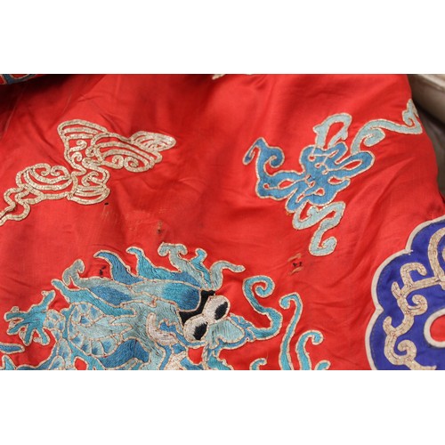 460 - 19th century Chinese embroidered red silk court dragon robe with mandarin collar and three knot fast... 