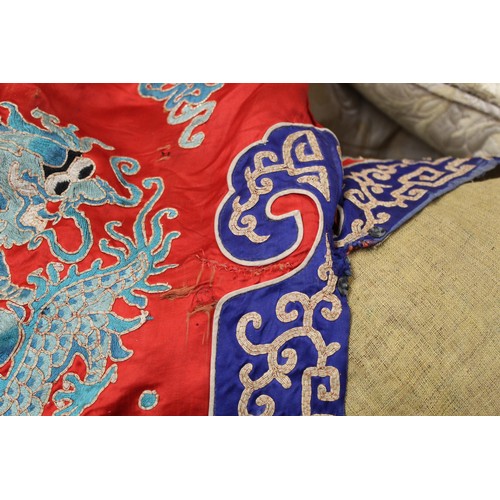 460 - 19th century Chinese embroidered red silk court dragon robe with mandarin collar and three knot fast... 