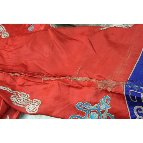 460 - 19th century Chinese embroidered red silk court dragon robe with mandarin collar and three knot fast... 