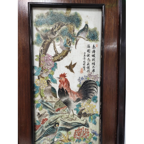 165 - Large framed Chinese porcelain plaque depicting a cockerel and other birds in flowers and foliage. W... 