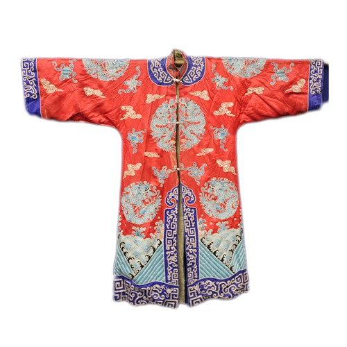 460 - 19th century Chinese embroidered red silk court dragon robe with mandarin collar and three knot fast... 