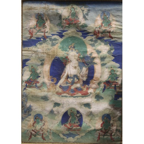 200 - Antique Tibetan Buddhist Thangka depicting Guanyin seated on a lotus throne surrounded by eight smal... 