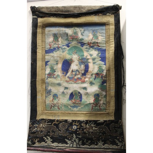 200 - Antique Tibetan Buddhist Thangka depicting Guanyin seated on a lotus throne surrounded by eight smal... 