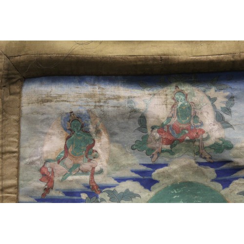 200 - Antique Tibetan Buddhist Thangka depicting Guanyin seated on a lotus throne surrounded by eight smal... 