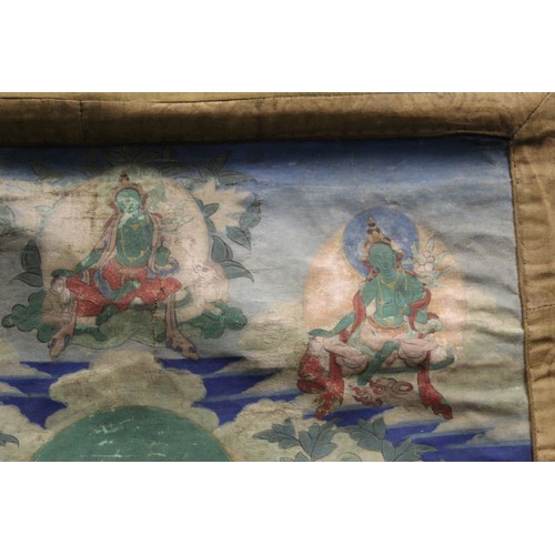 200 - Antique Tibetan Buddhist Thangka depicting Guanyin seated on a lotus throne surrounded by eight smal... 