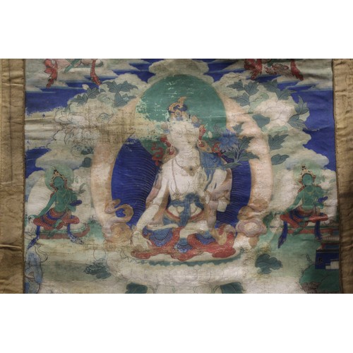 200 - Antique Tibetan Buddhist Thangka depicting Guanyin seated on a lotus throne surrounded by eight smal... 