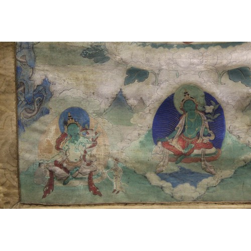 200 - Antique Tibetan Buddhist Thangka depicting Guanyin seated on a lotus throne surrounded by eight smal... 