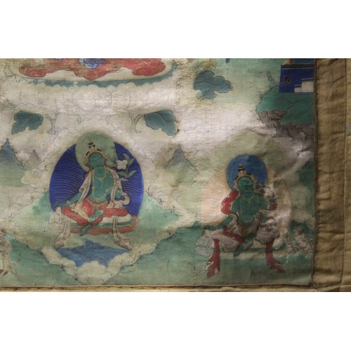 200 - Antique Tibetan Buddhist Thangka depicting Guanyin seated on a lotus throne surrounded by eight smal... 