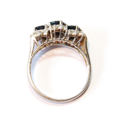 12 - Triple cluster ring with angled diamonds and sapphires, in white gold, '585', size O.