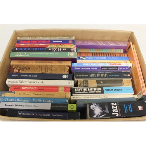 596 - Box of music related books to include blues, jazz interest, Rolling Stones, etc.