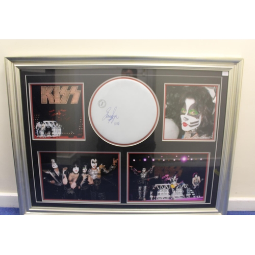 597 - Framed memorabilia display of Kiss with drum skin signed by Eric Singer surrounded by four pictures ... 