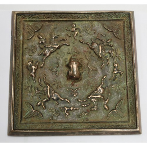 143 - Large Chinese Tang dynasty or later bronze square mirror, 15.5cm.