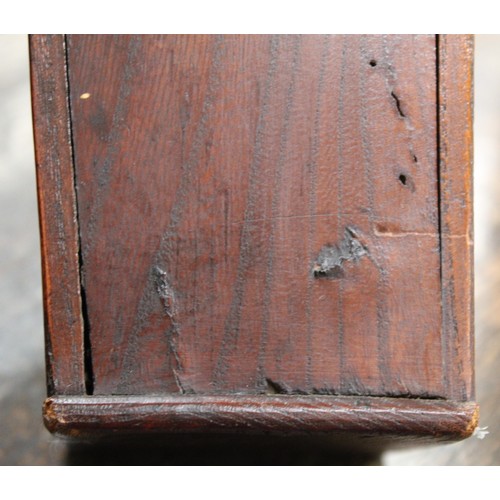 205 - Georgian elm hanging candle box of tapered rectangular form with arched pierced box, sloping hinged ... 