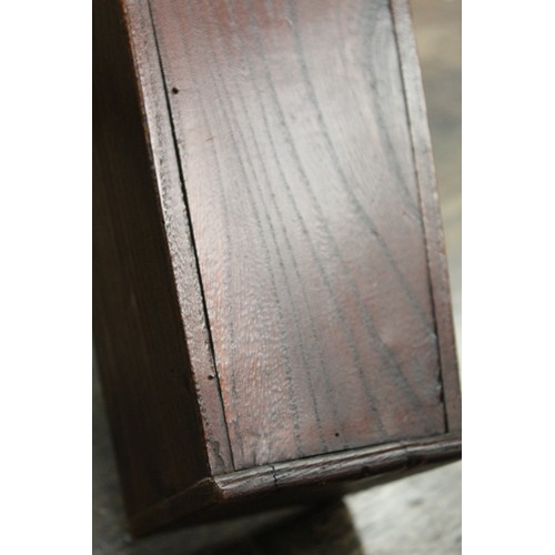 205 - Georgian elm hanging candle box of tapered rectangular form with arched pierced box, sloping hinged ... 