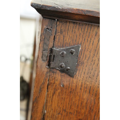 208 - Small Georgian oak hanging cupboard of rectangular form, the panelled door opening to reveal three s... 