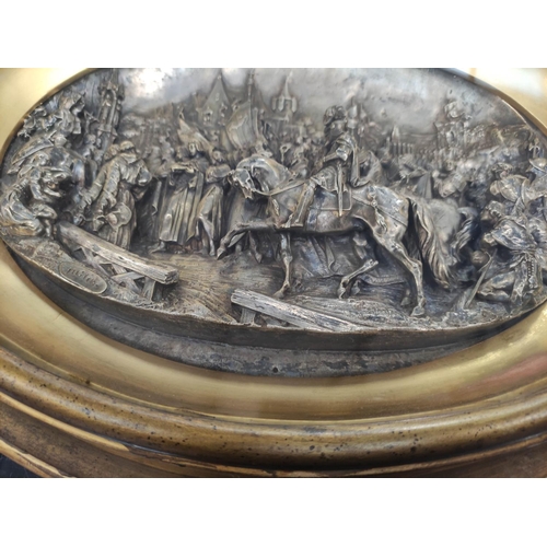 344 - Pair of 19th century Justin Mathieu high relief white metal panels depicting a crusader battle and a... 