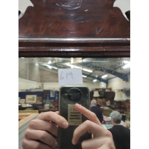 619 - Georgian mahogany fret frame wall mirror, shaped top, bevelled plate and moulded frame. 105cm