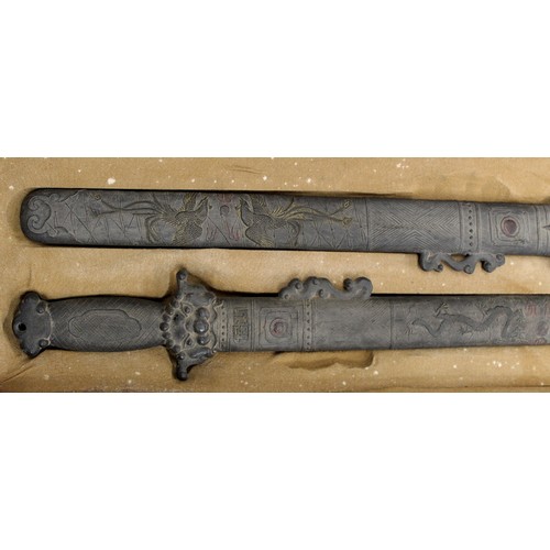 158 - Rare Chinese ink blocks in the form of a pair of swords, fitted box. Late Qing, early 20th century. ... 