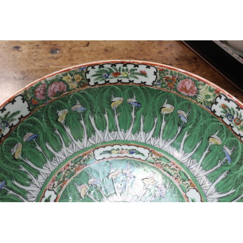 217 - Large Chinese 19th or early C20th century Canton famille rose punch bowl decorated with fern fronds ... 