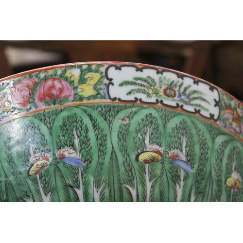 217 - Large Chinese 19th or early C20th century Canton famille rose punch bowl decorated with fern fronds ... 