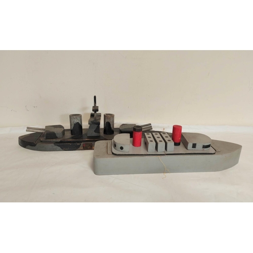 54 - Collection of 1940s homemade model boats to include a painted exploding wooden model boat, a wooden ... 