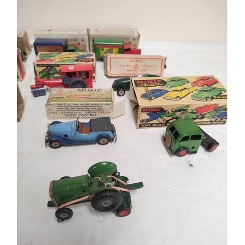 20 - Quantity of clockwork Tri-ang Minic model cars to include two steam rollers, two delivery vans, Vaux... 