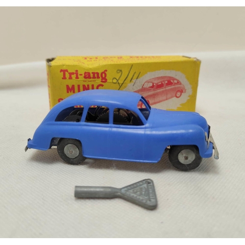 18 - Tri-ang Minic Standard Vanguard clockwork car with blue plastic body. Complete with original box and... 