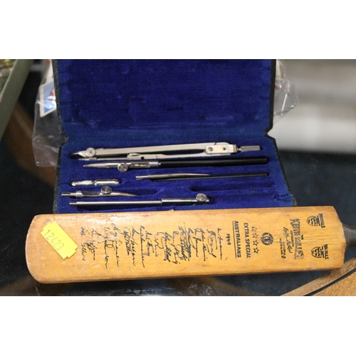 200n - 1948 Australian mini cricket bat, signed, a cased drawing set, and cigarette cards to include Dave M... 