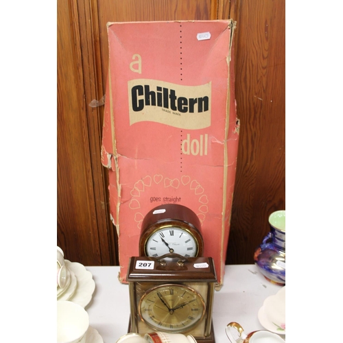 207 - R L Christie of Edinburgh mahogany and inlaid mantel clock, a Metamec mantel clock and a Chiltern do... 