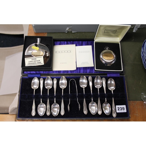 239 - Cased set of silver-plated teaspoons, a hip flask, and another.