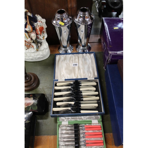 245 - Pair of chrome Art Deco bases, a cased set of knives and forks and other flatware.