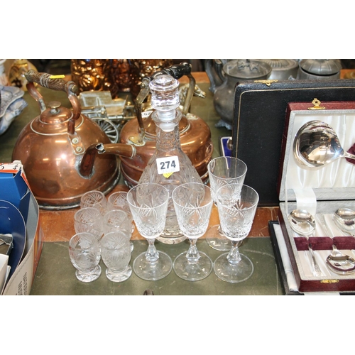 274 - Glass decanter, six tot glasses, and four other glasses.