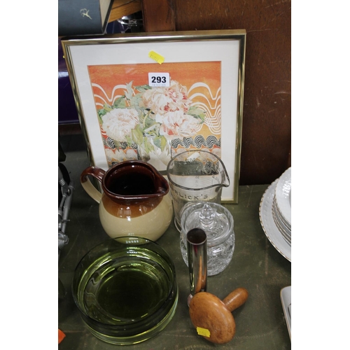 293 - Horlick's mixing glass, a print, an Art Glass bowl, a darning mushroom, etc.