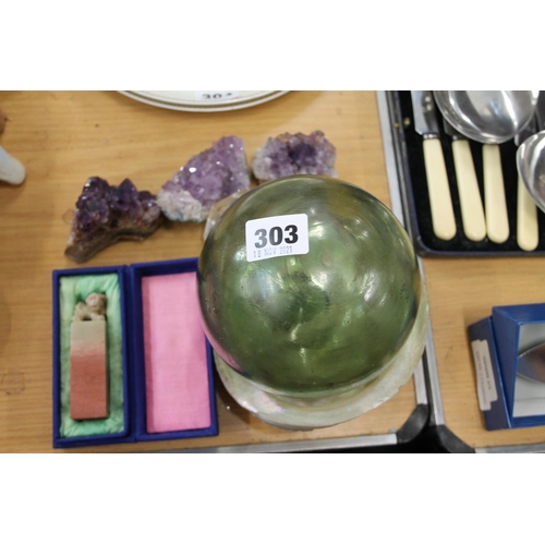 303 - Hardstone chop, amethyst samples, a fishing float, and a mother-of-pearl shell.