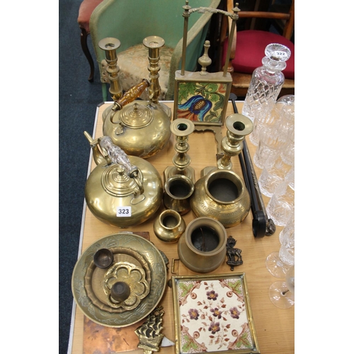 323 - Brass ware to include kettles, candlesticks, stands, vases, etc.