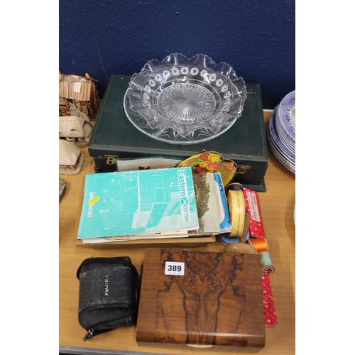 389 - Art Deco storage box, pressed glass dishes, a cutlery box, haberdashery, etc.