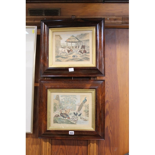 424 - Pair of rosewood framed prints of farming scenes, frame size 39cm x 43cm, (2).