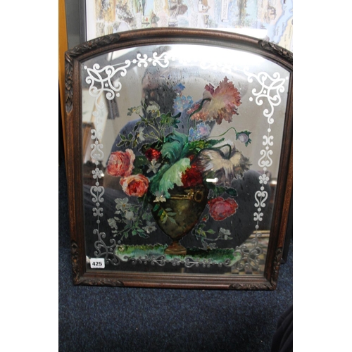 425 - Painted still life vase of flowers on wall mirror, oak framed, 55cm x 47cm.