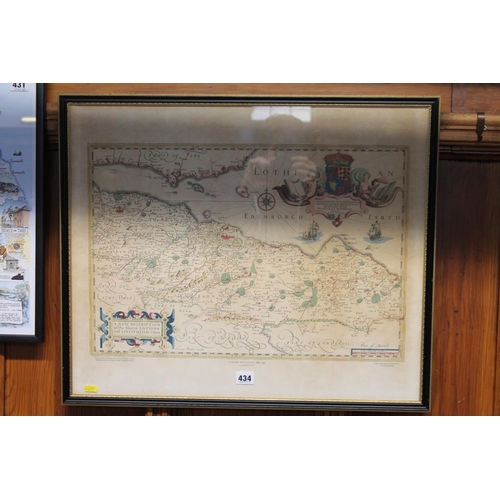 434 - Framed map print of Edinburgh and the Lothians, frame size 53cm x 64cm.