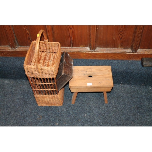 819 - Wicker basket, pine milking stool, and a butlers cutlery tray. (3)