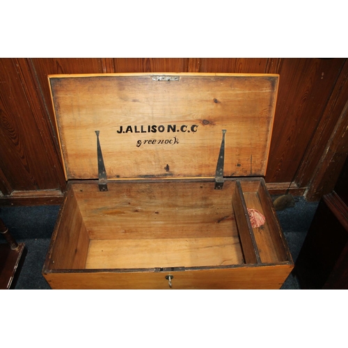 820 - Pine twin-handled blanket box, J Allison, C C Greenock.